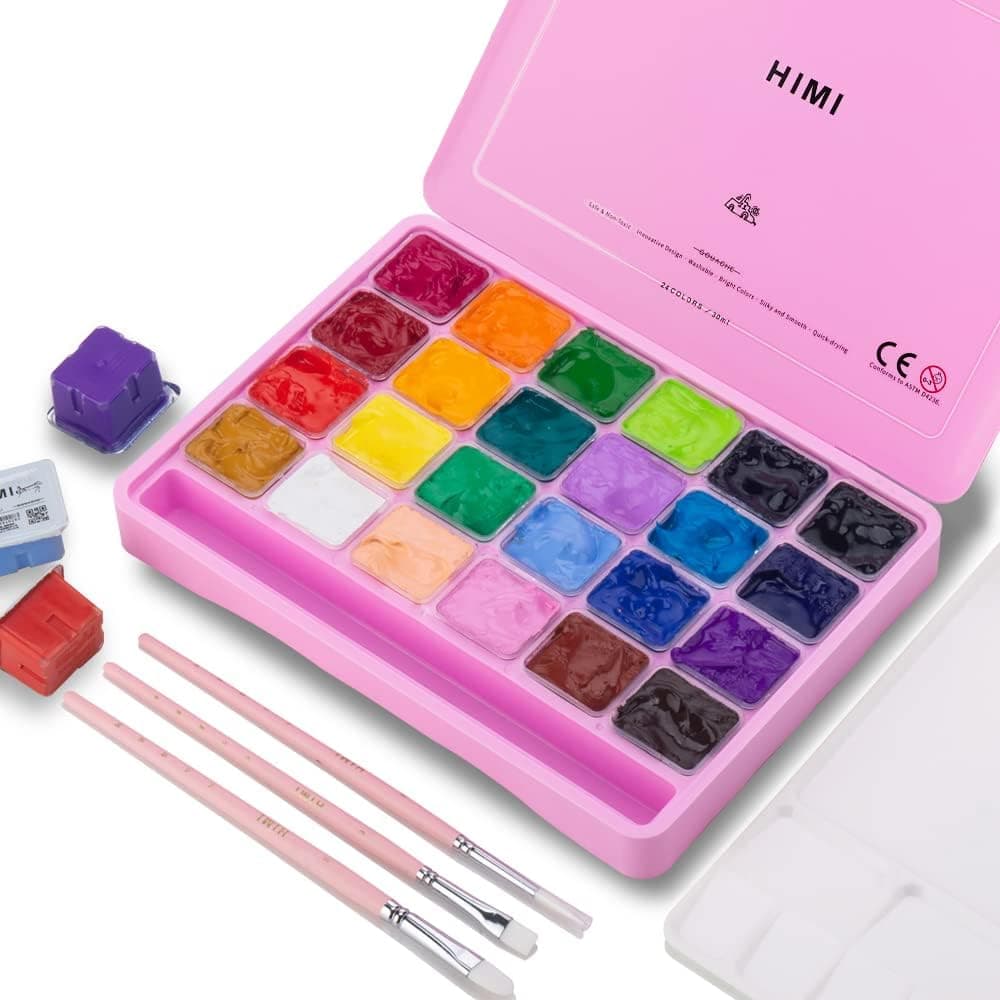 Ensemble de peinture gouache HIMI, 24 couleurs x 30 ml avec 3 pinceaux et une palette