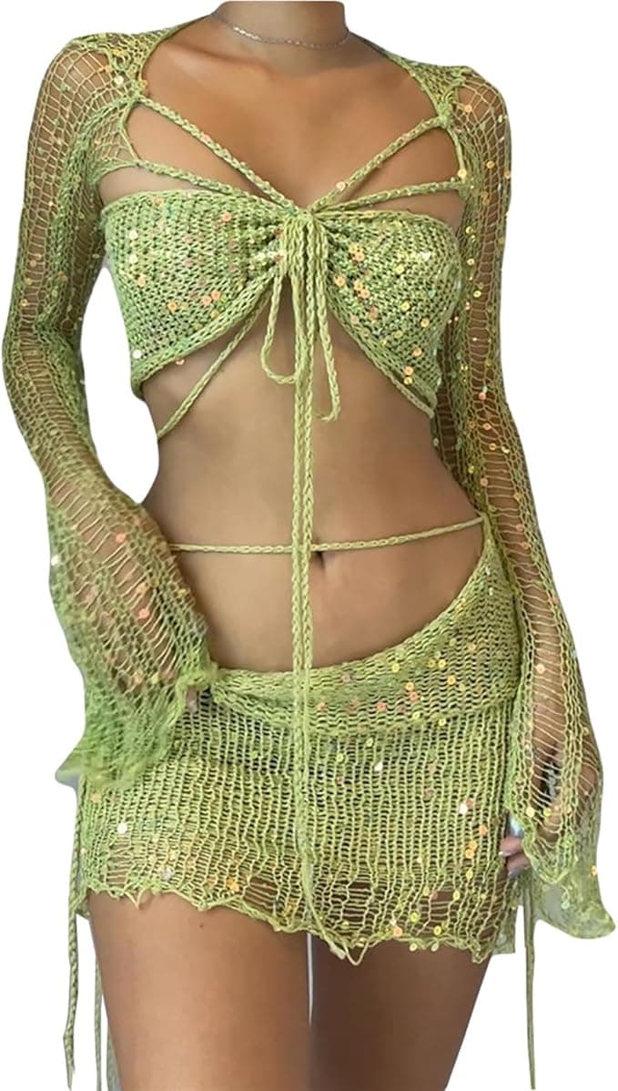 Ensemble de haut et shorts en crochet vert à paillettes