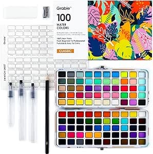 100 couleurs d'aquarelle, ensemble de peinture avec pinceaux à eau et crayon