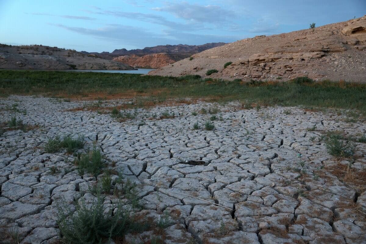 On retrouve désormais de la terre sèche craquelée à un endroit du lac Mead qui était, auparavant, submergé sous l'eau.