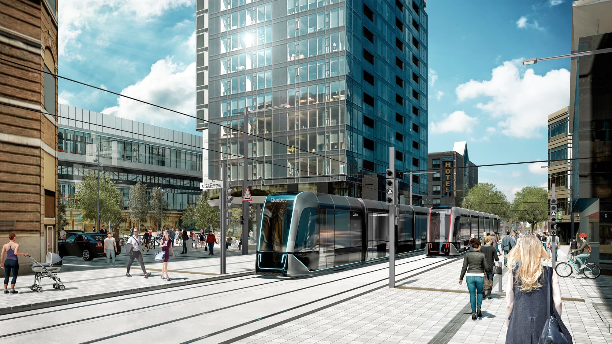 Nouvelle illustration du tramway de Québec, ici sur la rue de la Couronne.
Illustration fournie par la Ville de Québec
22 février 2023