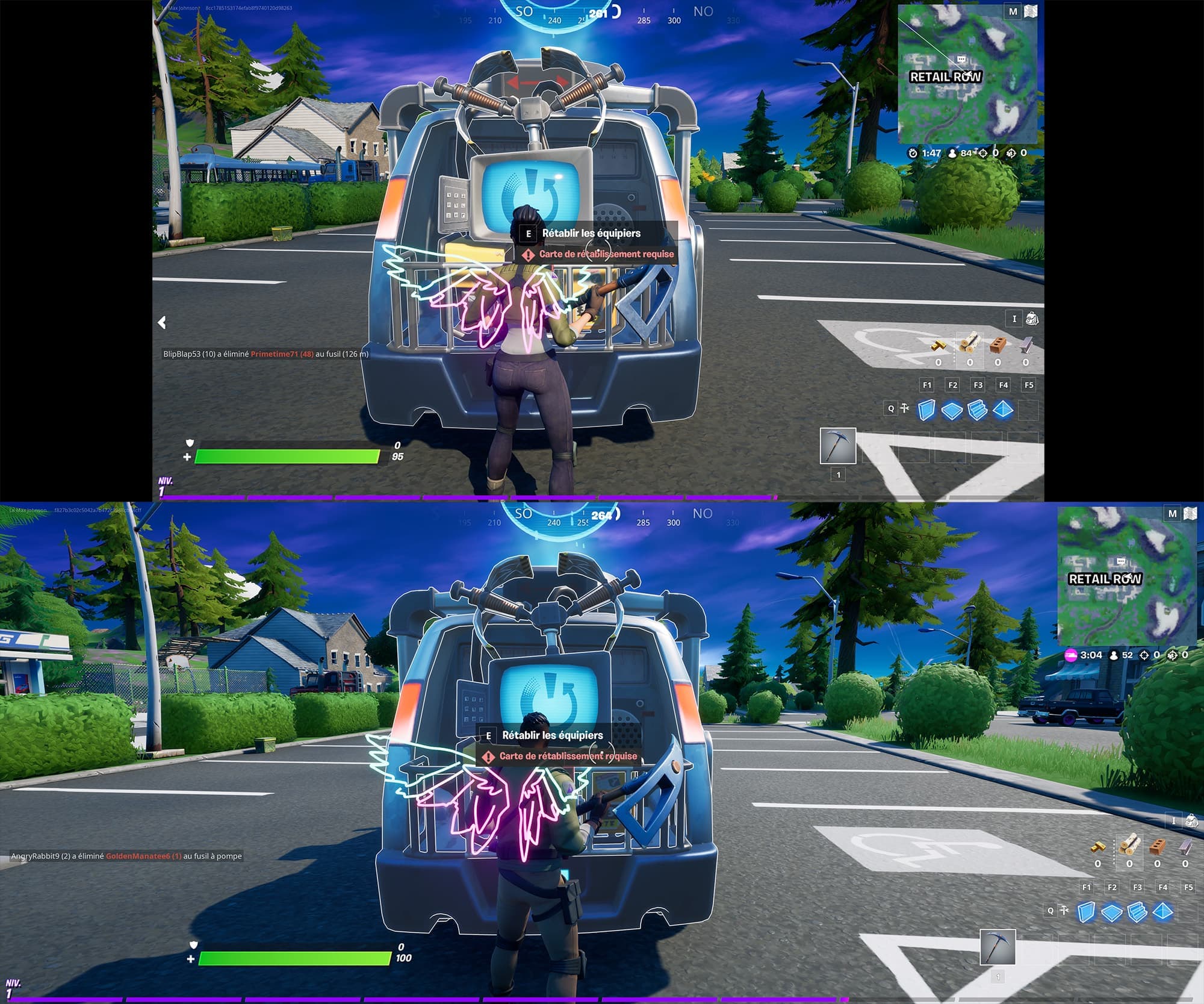 Dans un jeu comme Fortnite, l’écran ultralarge (en bas) permet de voir ses ennemis arriver de plus loin qu’avec un écran 16:9 conventionnel (en haut).