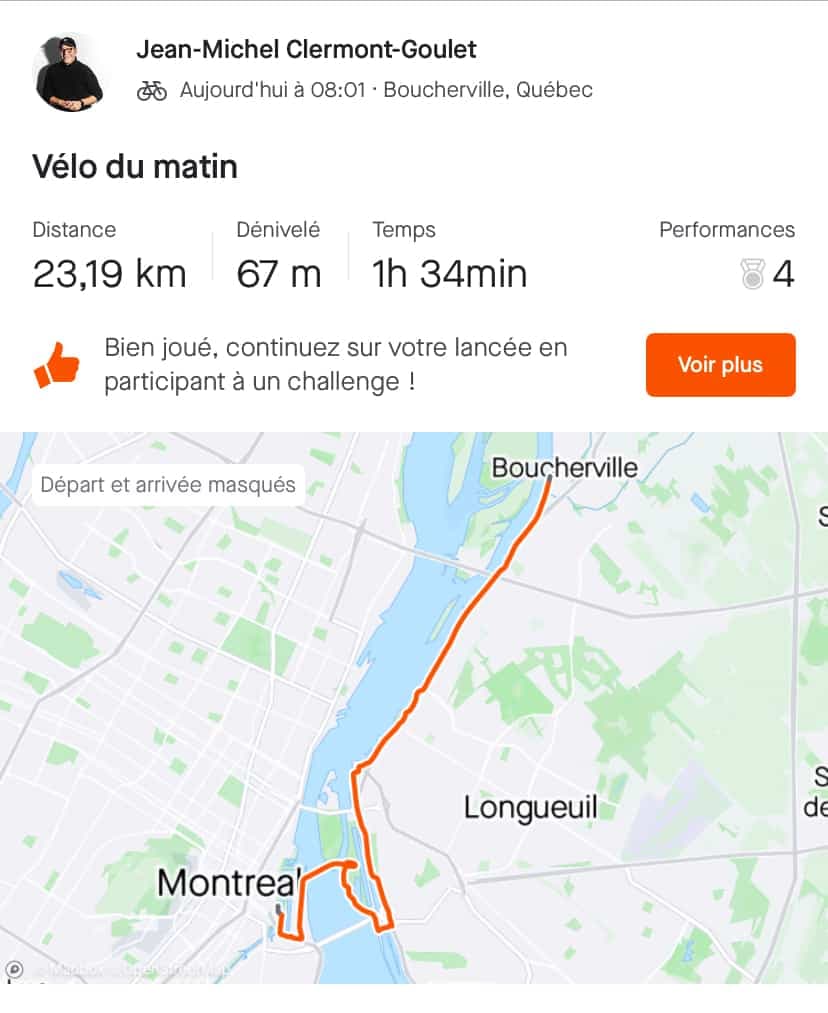 À noter que mon temps de trajet diffère entre le temps facturé par BIXI et l'application Strava, puisqu'en mode vélo cette dernière ne prend pas en compte les arrêts et la marche.