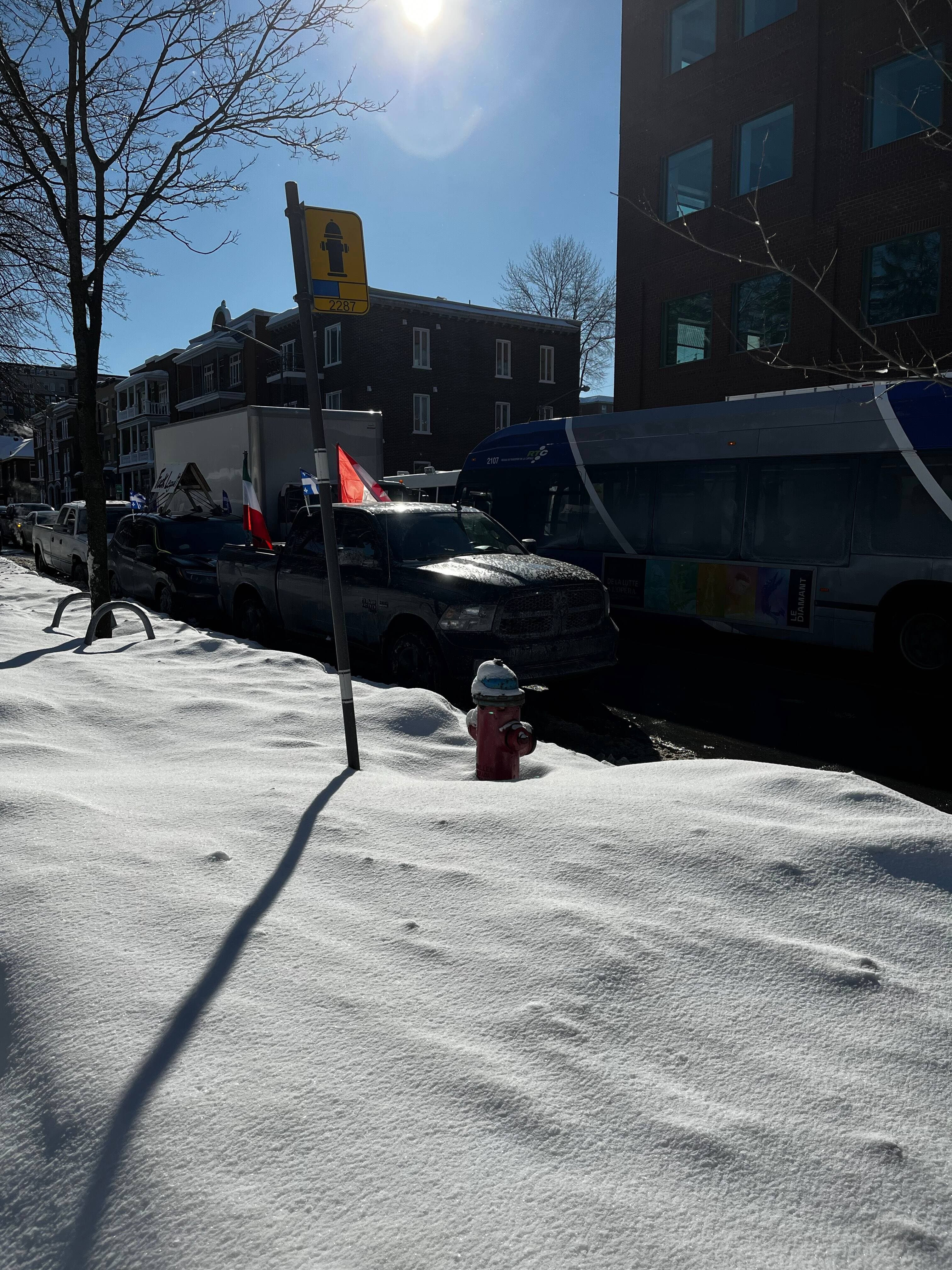 Des véhicules se stationnent partout autour de la colline Parlementaire, plusieurs à des endroits interdits, comme l’arrêt d’autobus établi devant le Grand Théâtre, sur la rue Turnbull.