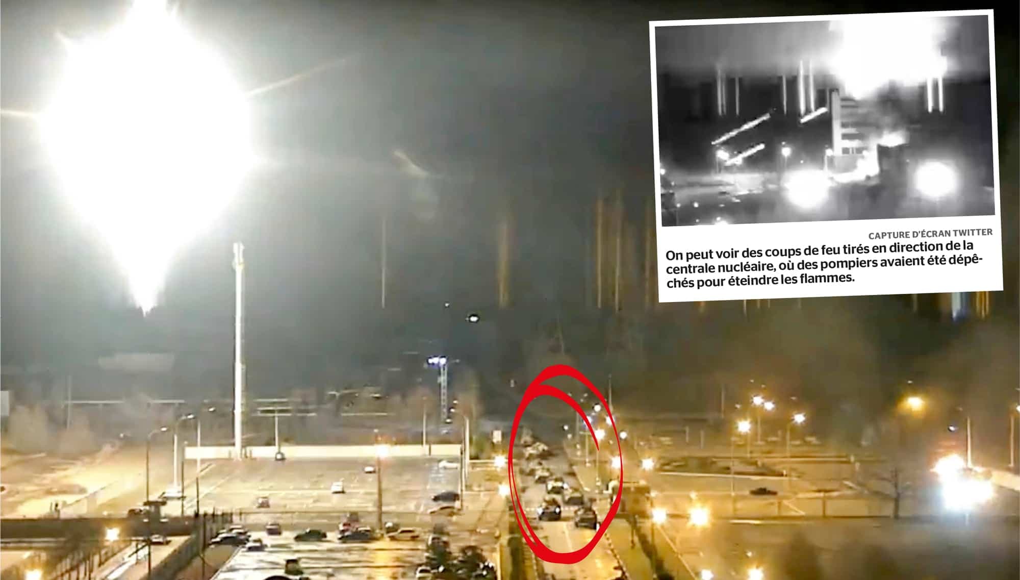 Un large groupe de chars d’assaut russes est parvenu à entrer sur le site de la centrale nucléaire Zaporijjia, où un incendie s’est déclaré après un bombardement, montre ces images de vidéo de surveillance.