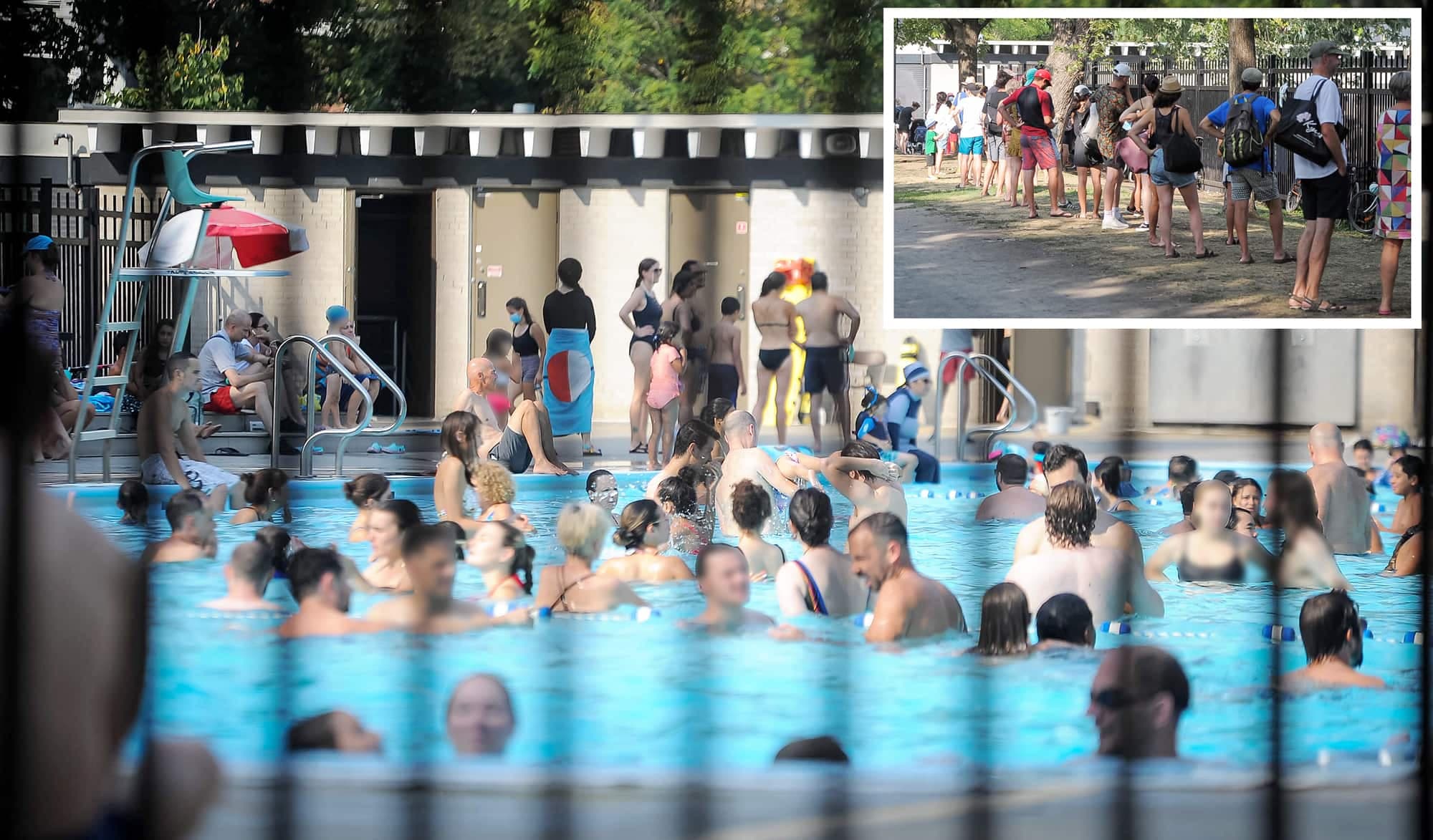 Des Montréalais se sont rafraîchis, samedi, à la piscine du parc Sir-Wilfrid-Laurier. En mortaise, il y avait une file d’attente pour accéder à ce plan d’eau municipal, alors que la température a atteint les 35 °C au centre-ville de la métropole.