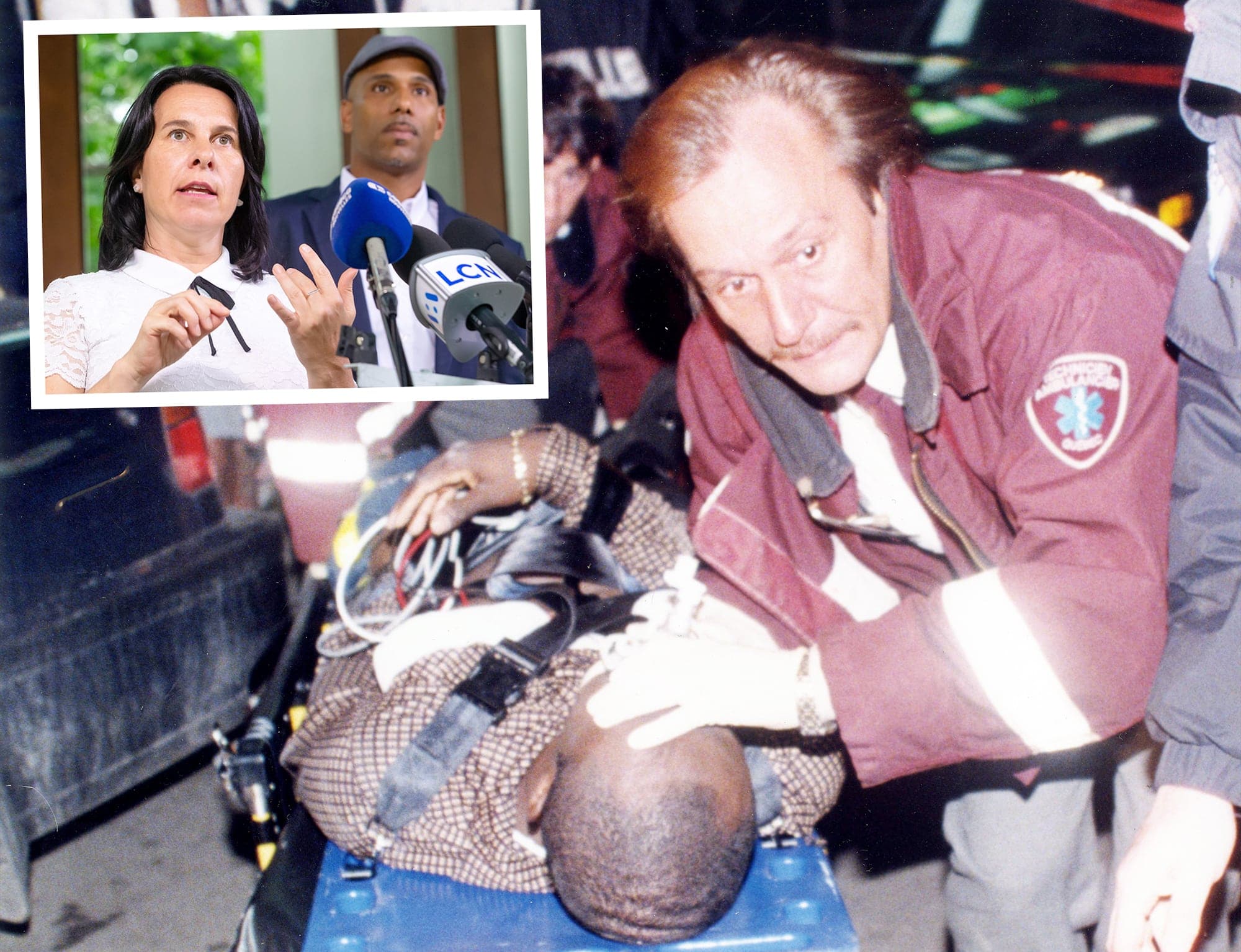 Le candidat à la mairie de Montréal-Nord, Will Prosper, qu’on voit en mortaise aux côtés de sa cheffe et mairesse Valérie Plante, a été forcé de démissionner de la GRC parce qu’il était soupçonné d’avoir coulé de l’information à certains de ses amis, des membres de gang sous enquête pour le meurtre de Brucelee Gesse, qu’on voit ici sur une civière, en 1999.