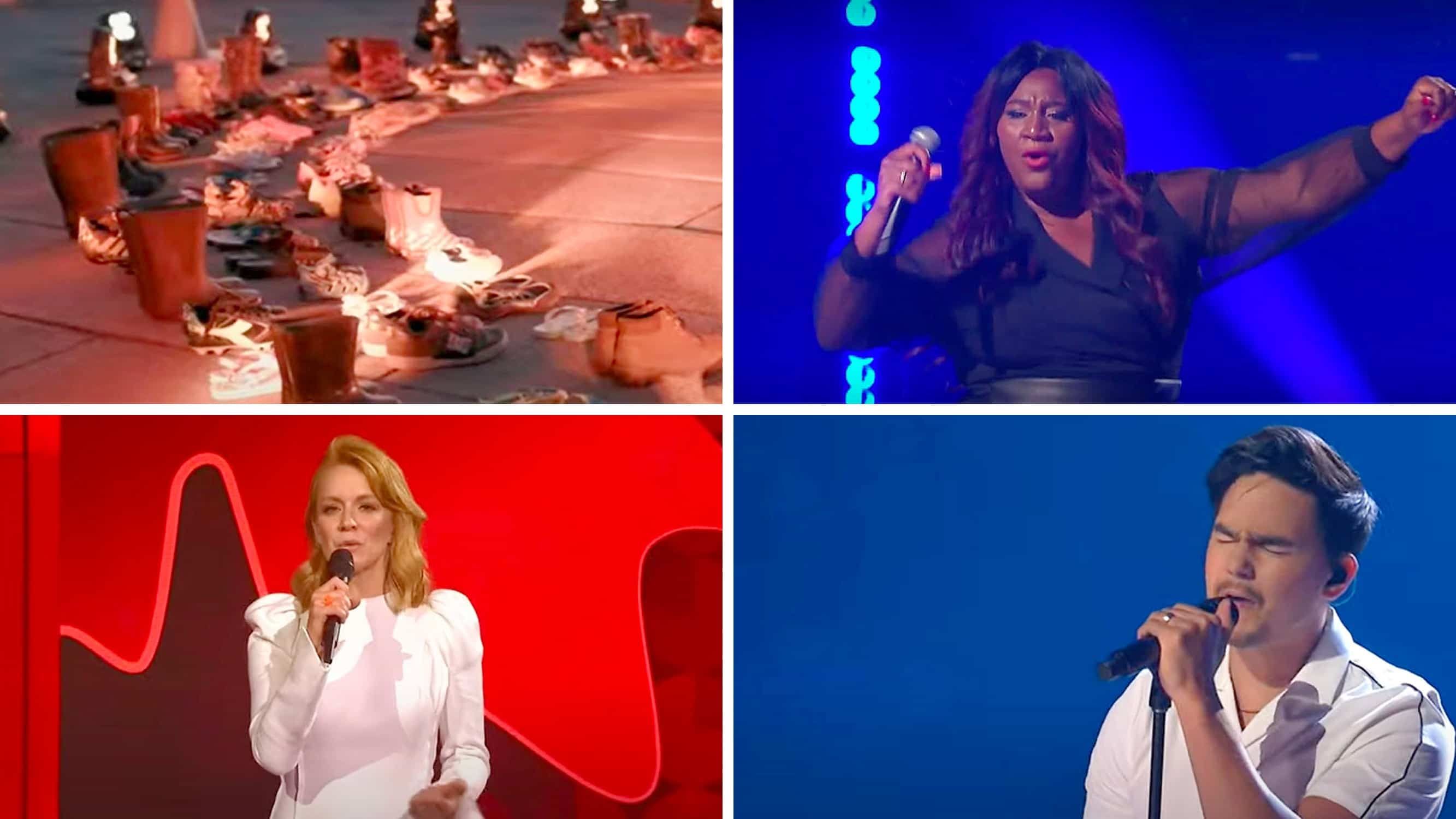 Des souliers d’enfants illustraient l’horreur des pensionnats autochtones. Ainsi que Mélissa Bédard, Véronic DiCaire et Tyler Shaw.