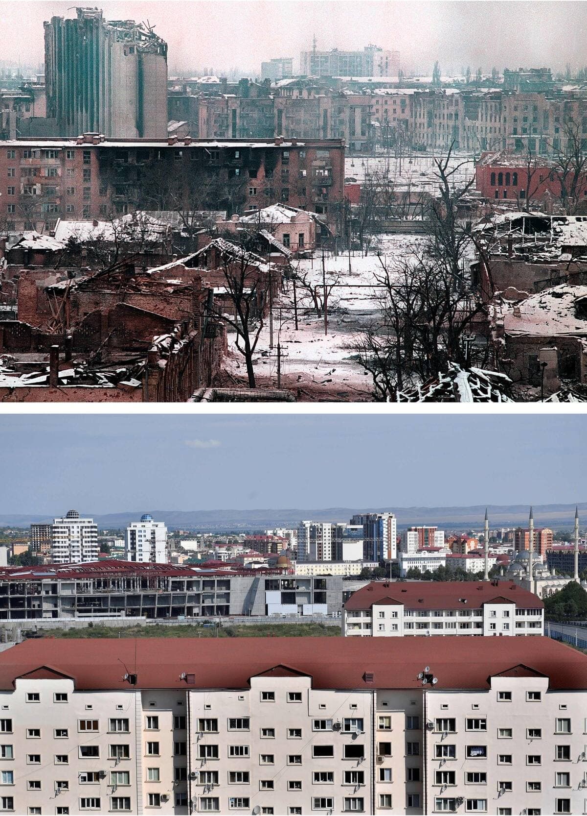 La ville de Grozny a été détruite par les Russes. La photo du haut a été prise en 1995 et celle du bas en 2019.