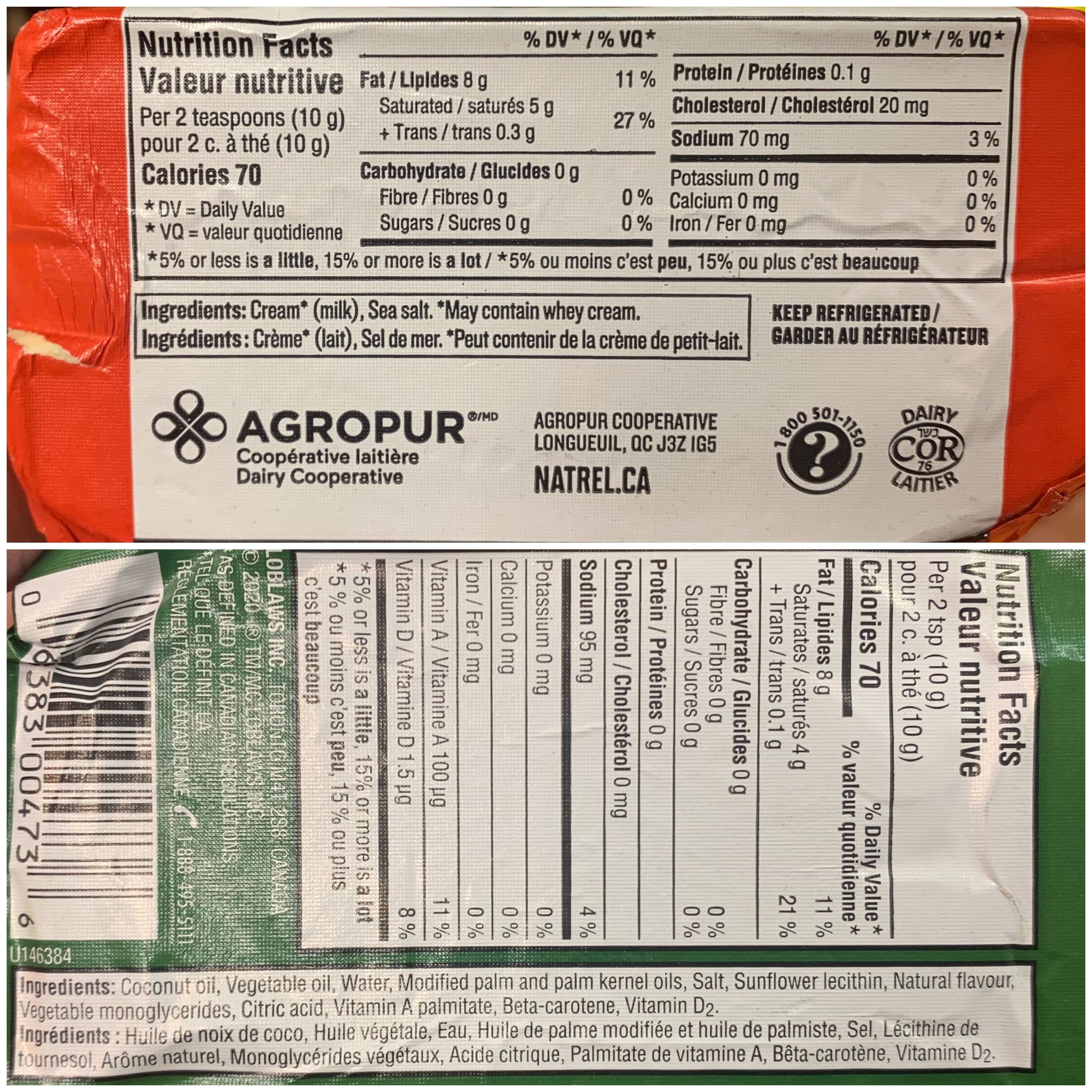 En haut, la liste des ingrédients d'un beurre salé ordinaire. En bas, la liste d'ingrédients d'un beurre salé végan.