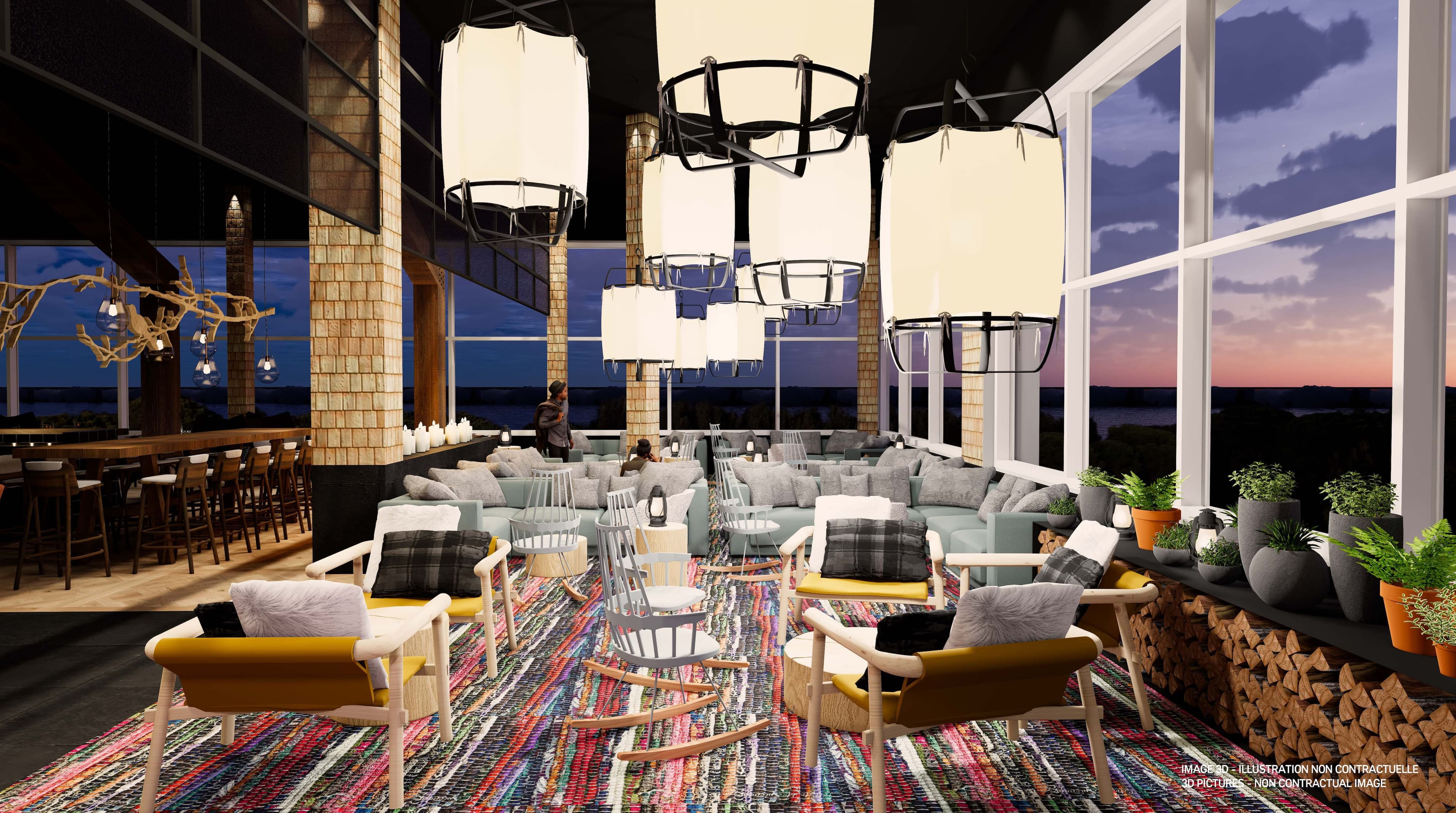 Illustration 3D du restaurant Le Chalet du Club Med Québec Charlevoix.