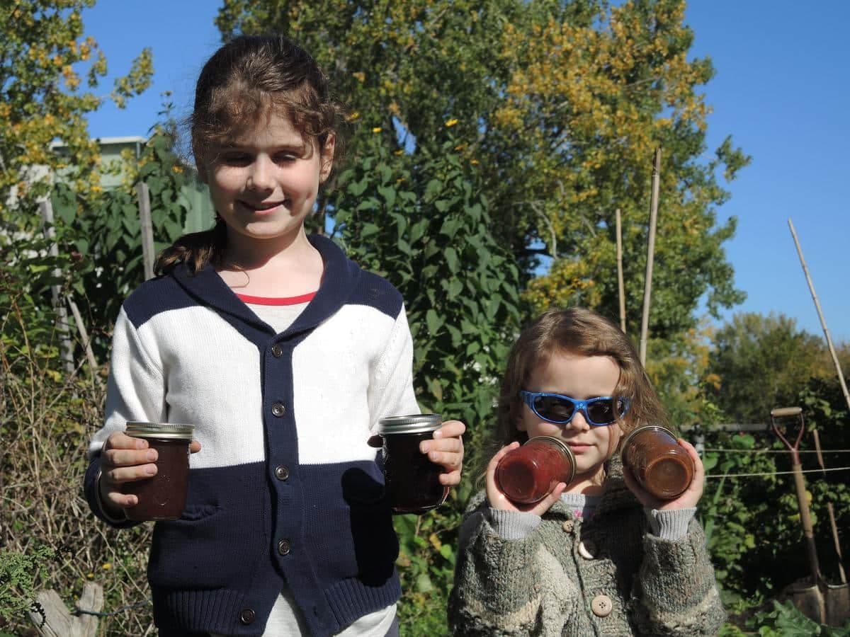 La famille Beales a passé beaucoup de temps dans son grand jardin communautaire situé dans l'arrondissement de Verdun, à Montréal. Sur la photo: Benjamin Beales, 8 ans et Emma Beales, 4 ans, posent avec des confitures réalisées au cours de l'été 2020 PHOTO ALEX PROTEAU/24 HEURES/AGENCE QMI
