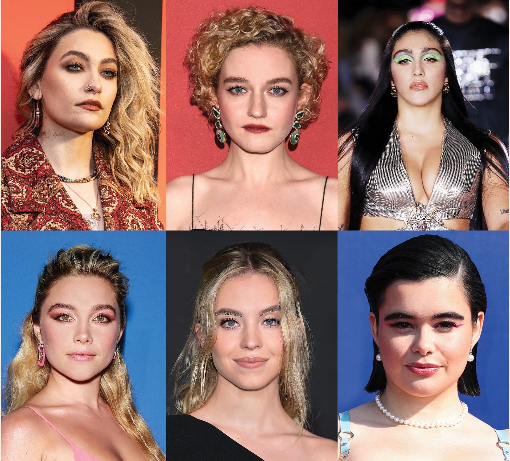 En haut, de gauche à droite : Paris Jackson, Julia Garner et Lourdes Leon. En bas, de gauche à droite : Florence Pugh, Sydney Sweeney et Barbie Ferreira.