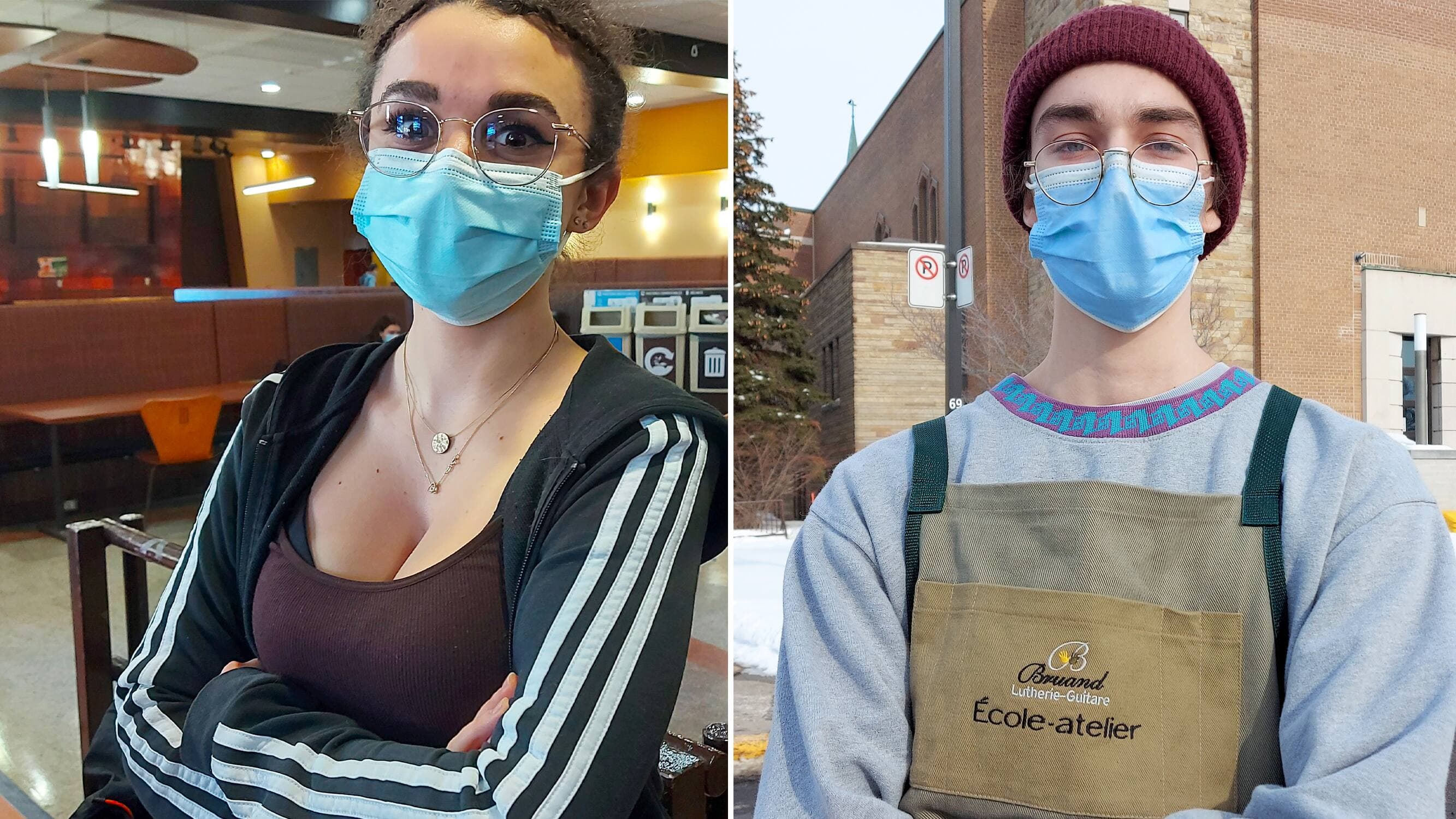 Chloé Poirier, étudiante en technologie de l'architecture, et Thierry Savard, étudiant en lutherie au Cégep du Vieux Montréal. Chloé s’inquiète beaucoup de son niveau de vie actuel et futur. Thierry, plus optimiste, croit que les impacts de la pandémie finiront par s’estomper.