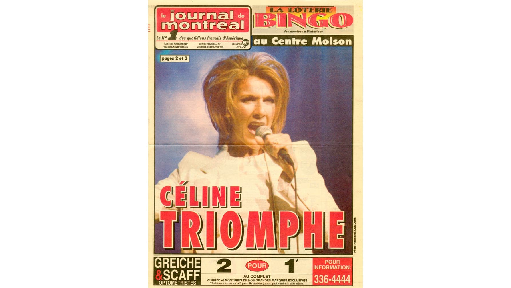 La une du ,[object Object],, au lendemain du premier spectacle au Centre Molson de Montréal, le 10 avril 1996.