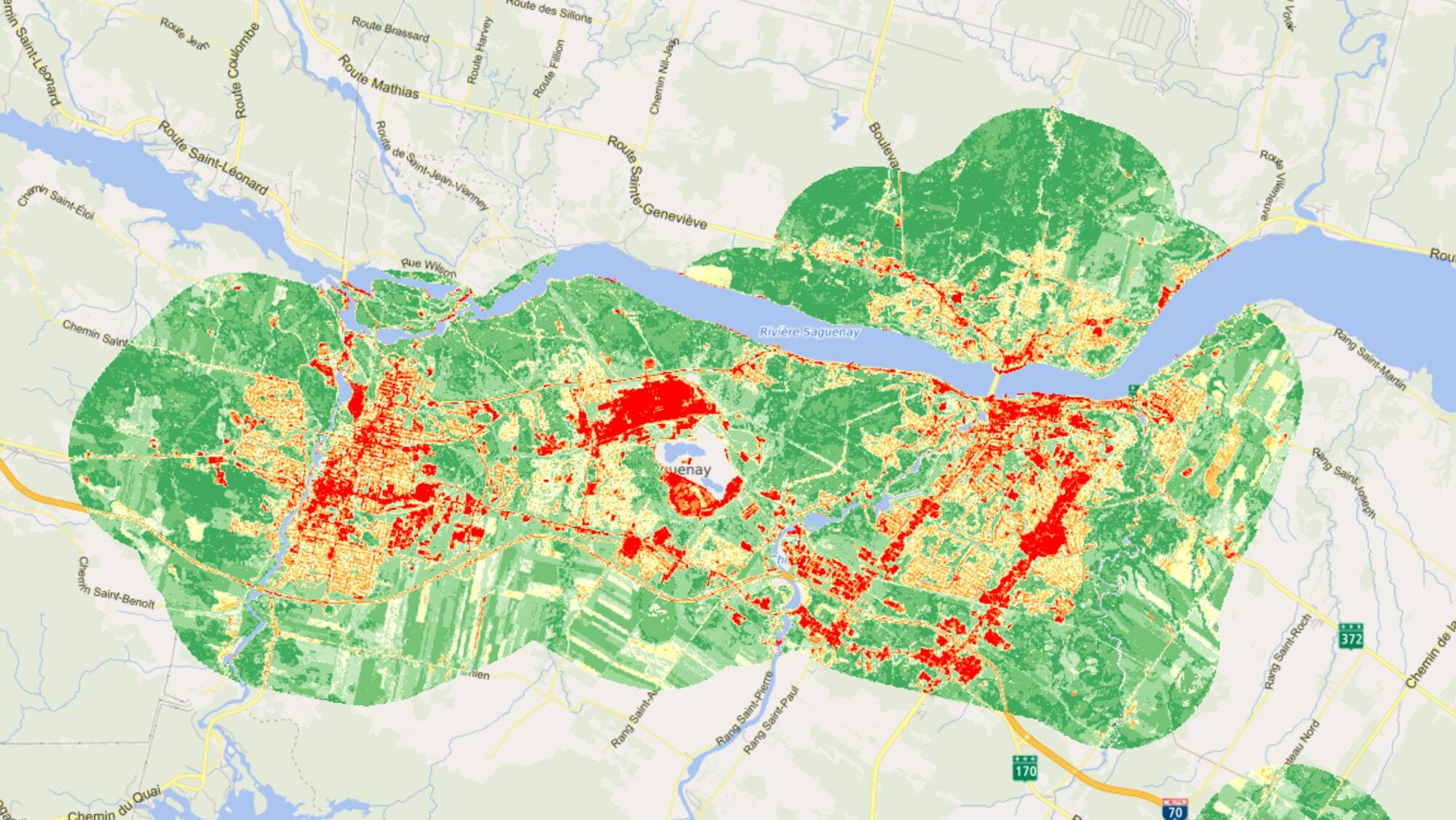 Tout le secteur longeant le boulevard Talbot et le carré Davis (Arvida) sont des îlots de chaleur à Saguenay.