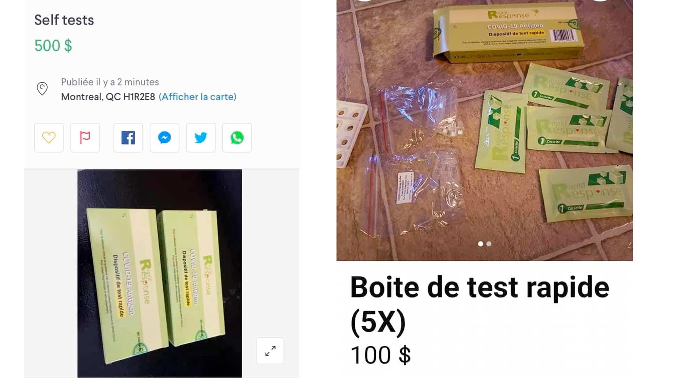 Plusieurs trousses de tests rapides comme celles-ci étaient vendues mardi pour des sommes allant de 10 $ à 500 $ sur des sites de petites annonces publiées au Québec.