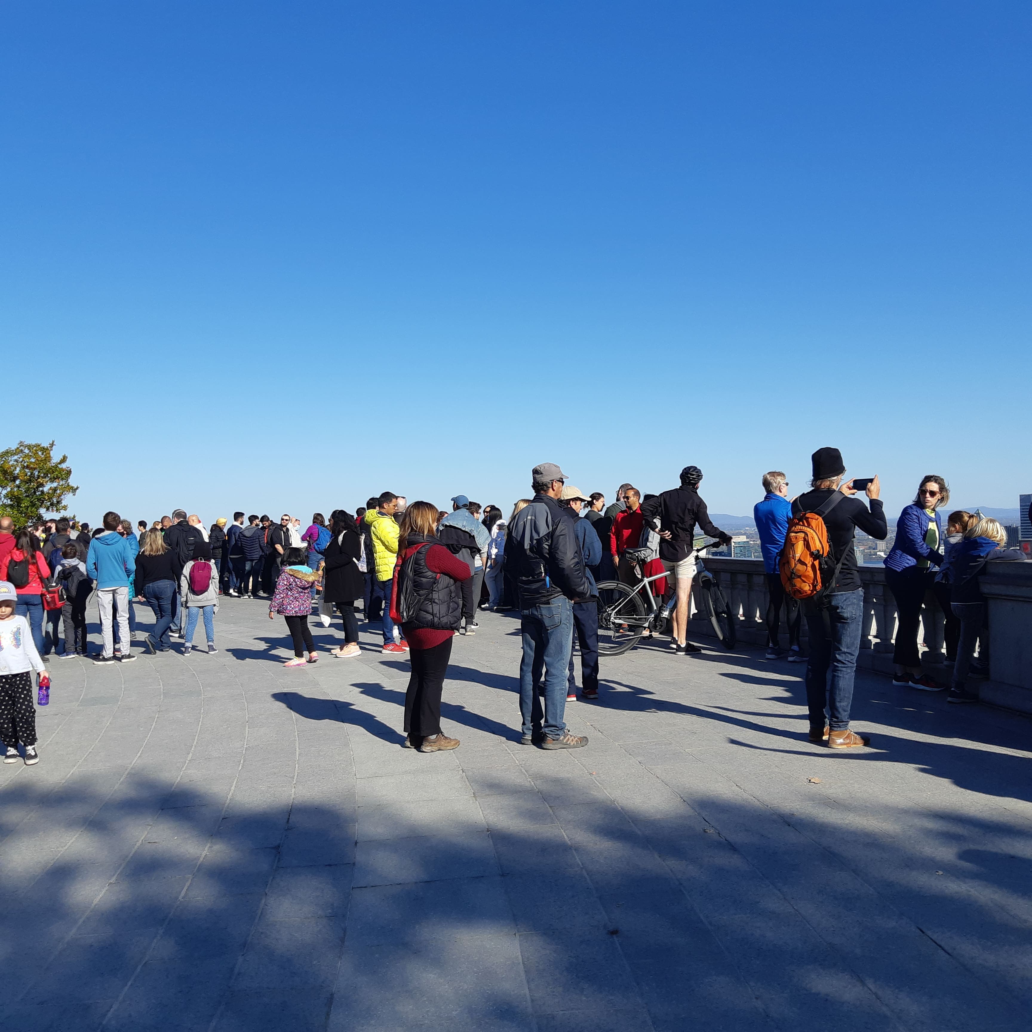 La fermeture des stationnements du parc du Mont-Royal n'a pas empêché les Montréalais en congé pour l'Action de grâce de s'agglutiner pour se prendre en photo au belvédère Kondiaronk en faisant fi de la distanciation sociale, lundi le 11 octobre 2020.