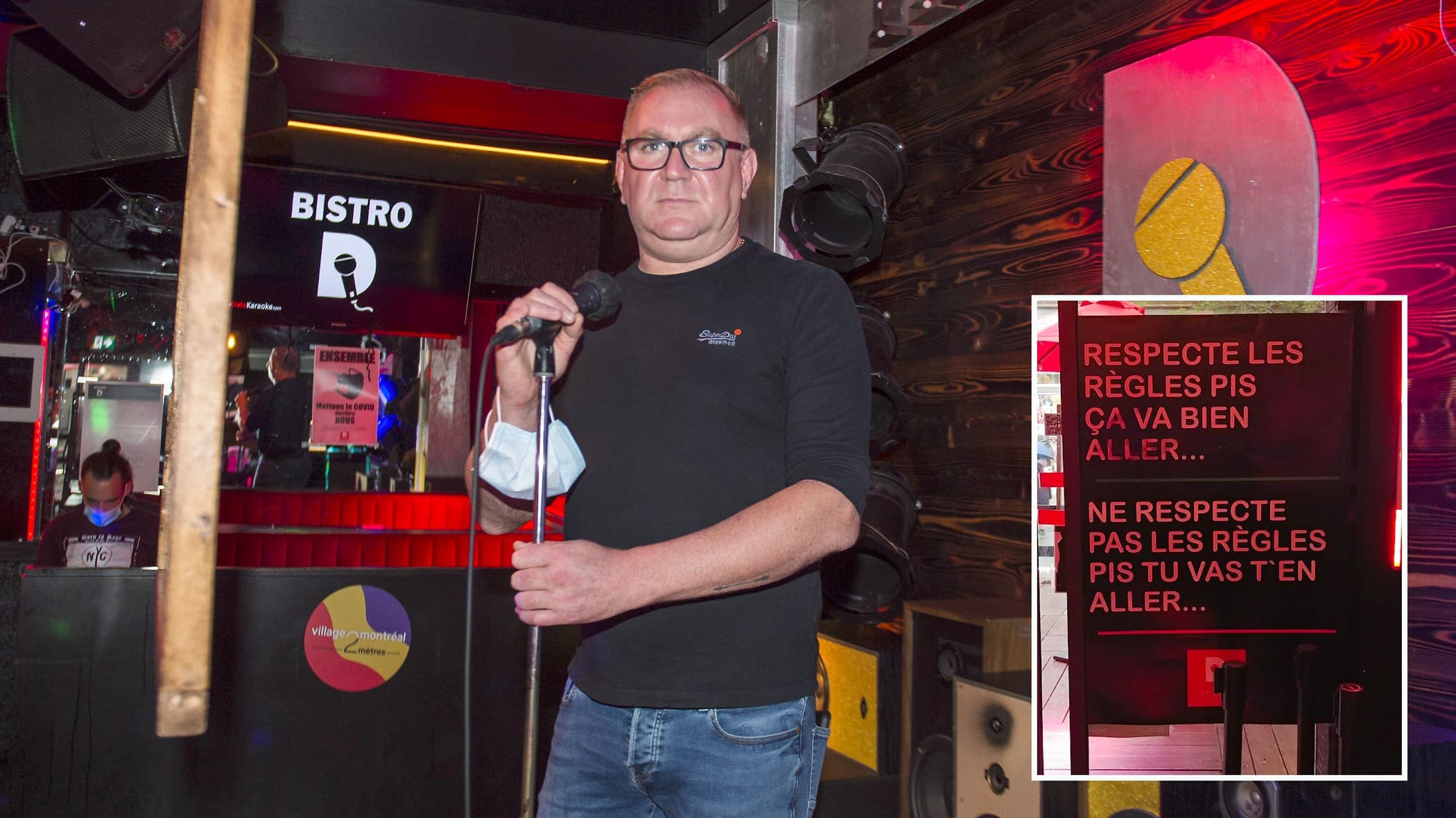 Le propriétaire du bar Le Date à Montréal, Danny Jobin, est déçu d’être placé dans le même bateau que les récalcitrants, lui qui respecte les mesures à la lettre, avec notamment le port du masque, des micros recouverts et désinfectés, des plexiglas, etc. En mortaise, une affiche à l’entrée de l’établissement.