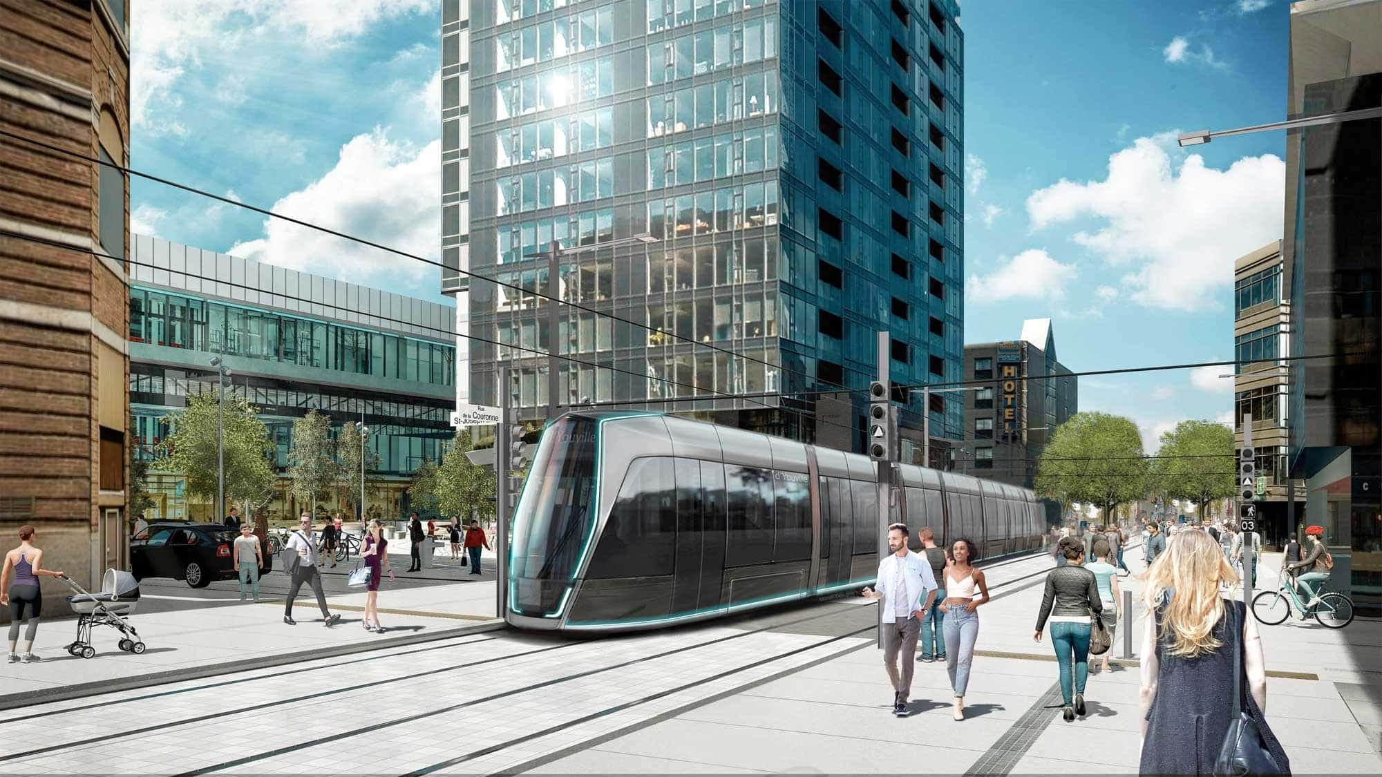 La Ville de Québec avait dévoilé en novembre dernier des images du prototype du tramway, qu’elle veut «intemporel et fluide». Ici, le tramway dans Saint-Roch.