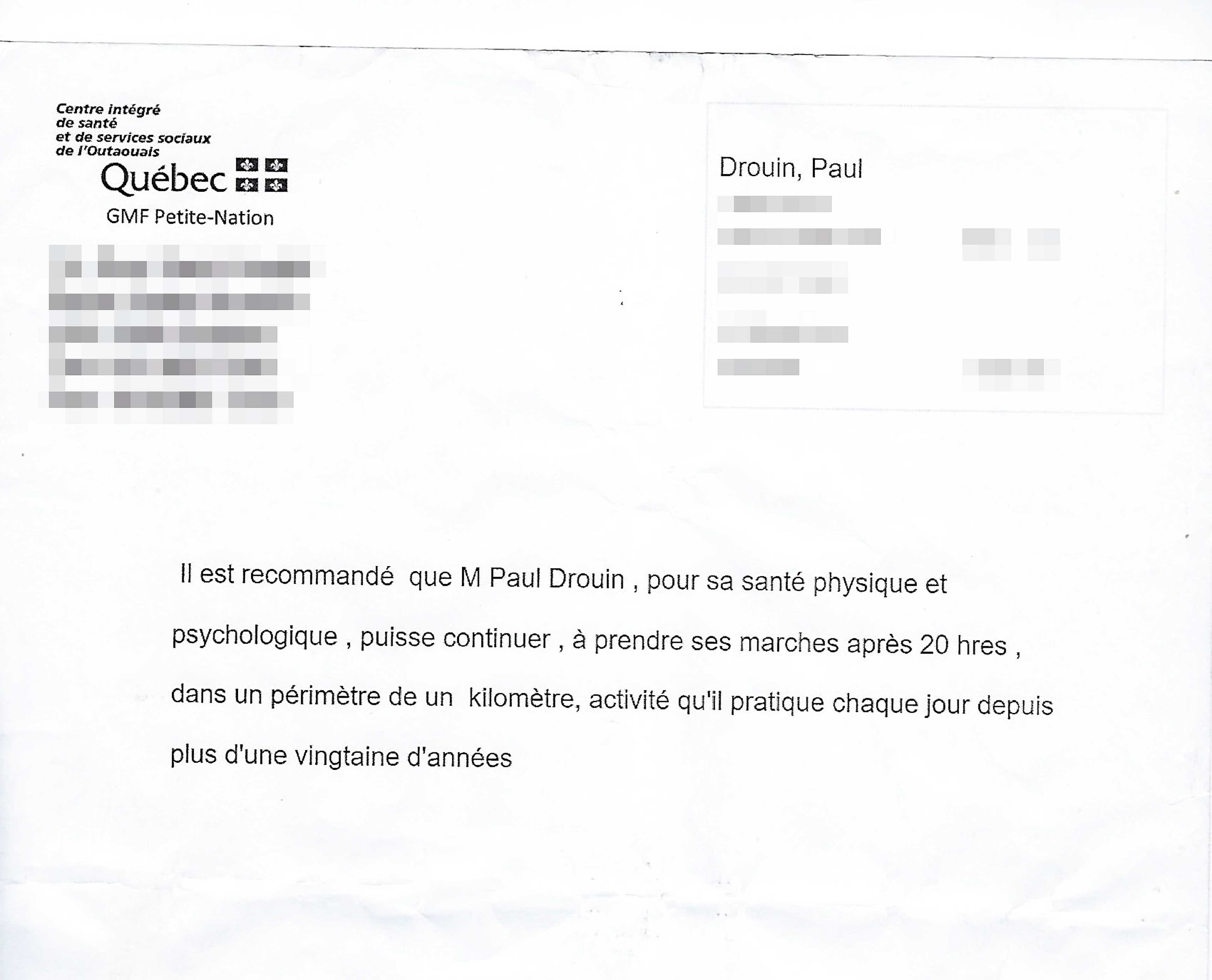Le billet de la médecin Sylvie Charbonneau qu’il a réussi à obtenir pour contourner les règles en vigueur pour le couvre-feu.