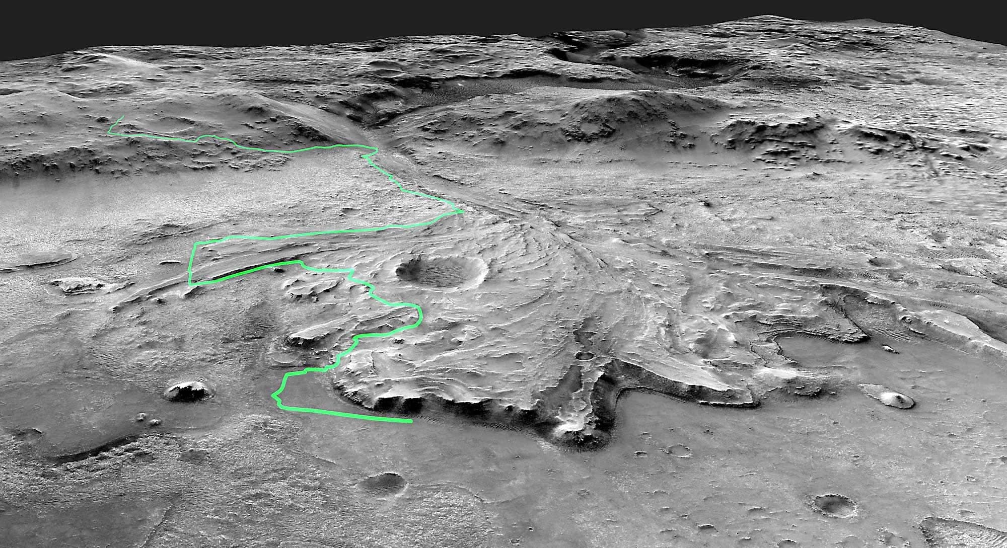 Voici un trajet du parcours espéré par les scientifiques, qui veulent étudier l’ancien delta de Mars.