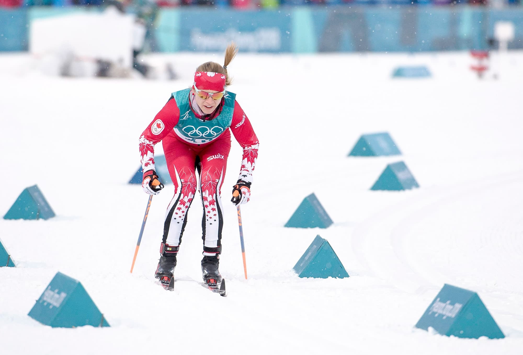 Cendrine Browne à la qualification du sprint classique féminin de ski de fond aux Jeux de PyeongChang en 2018.