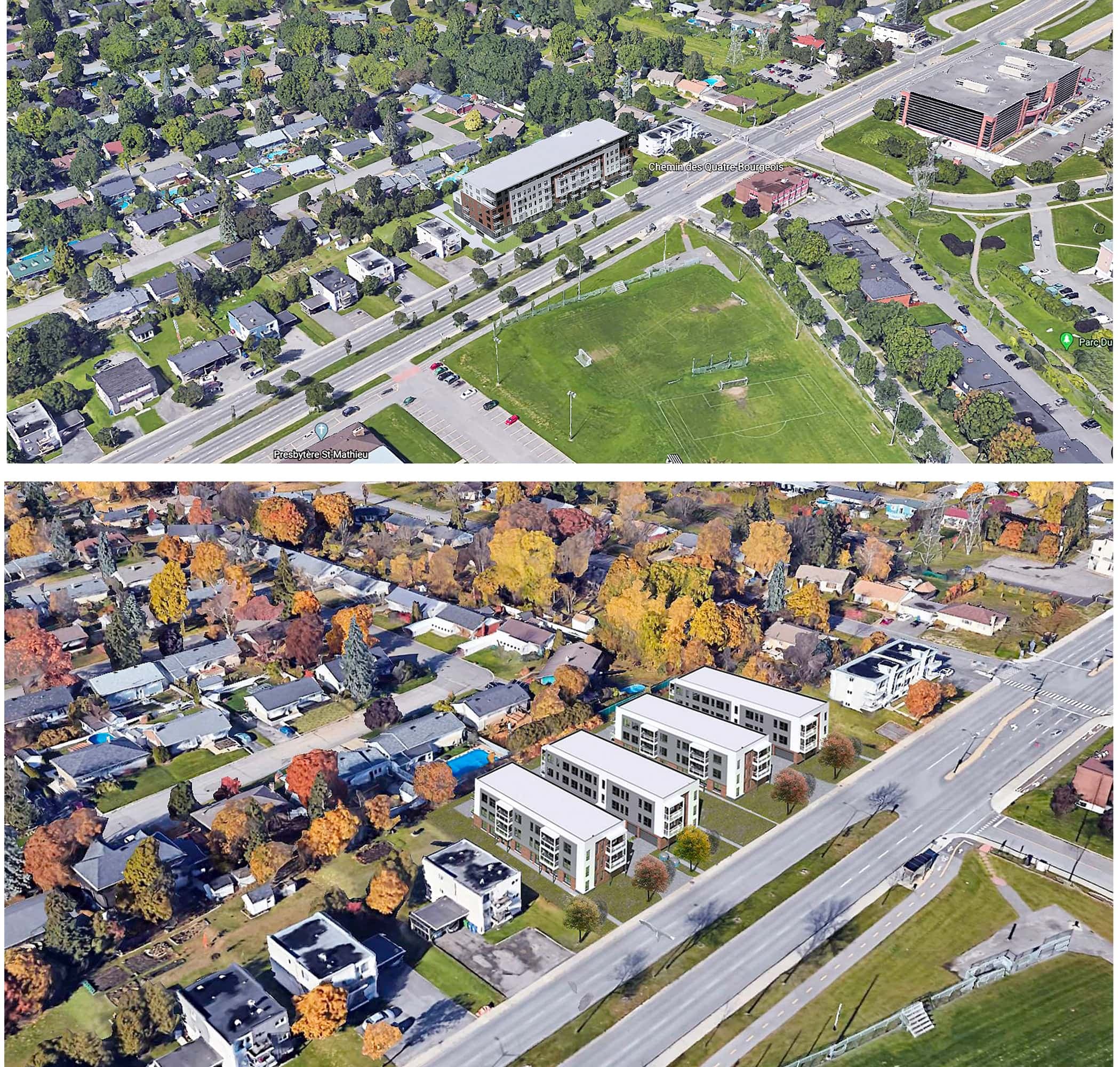 Le promoteur Clef Développement construira quatre édifices sur les terrains du chemin des Quatre-Bourgeois (photo du bas). L’image du haut montre le projet qui avait été rejeté par les citoyens et que le promoteur a abandonné.