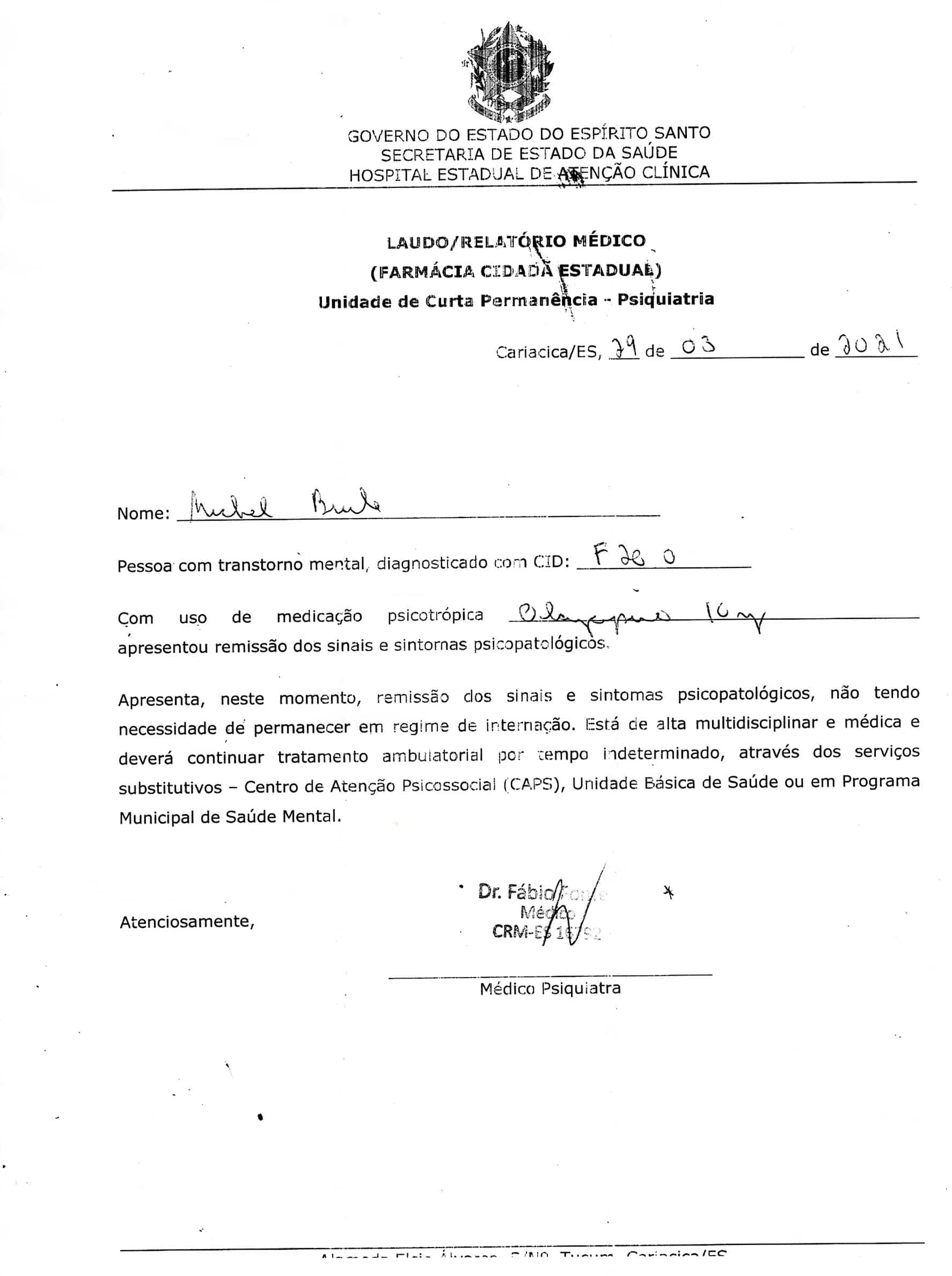 Une copie du document qui démontre le diagnostic de bipolarité reçu par Michel Brûlé, au Brésil.