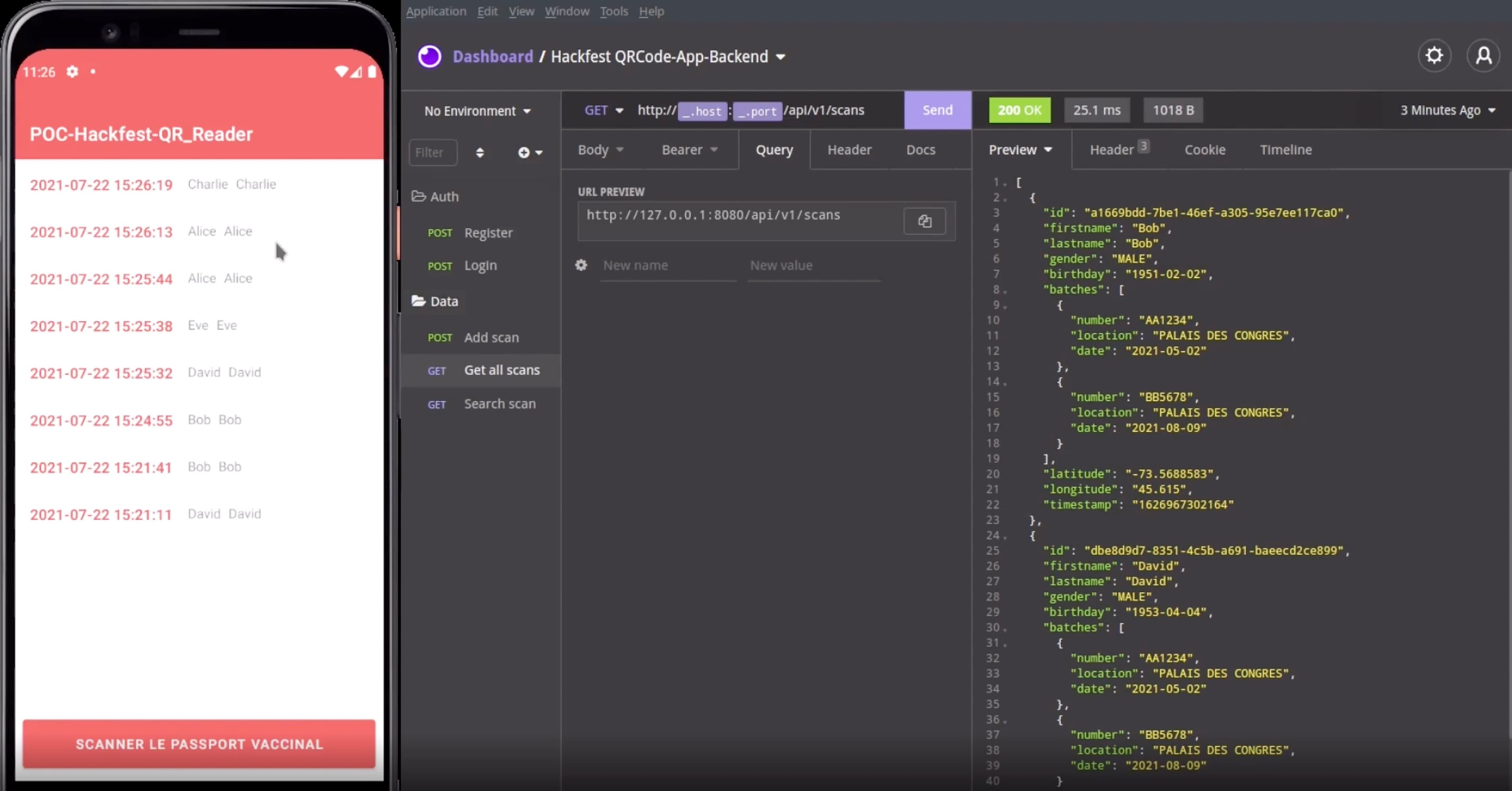 L’application créée facilement par les hackers permet de voir les endroits précédents où vous avez scanné votre passeport (photo de gauche), et enregistre vos infos personnelles (photo de droite).