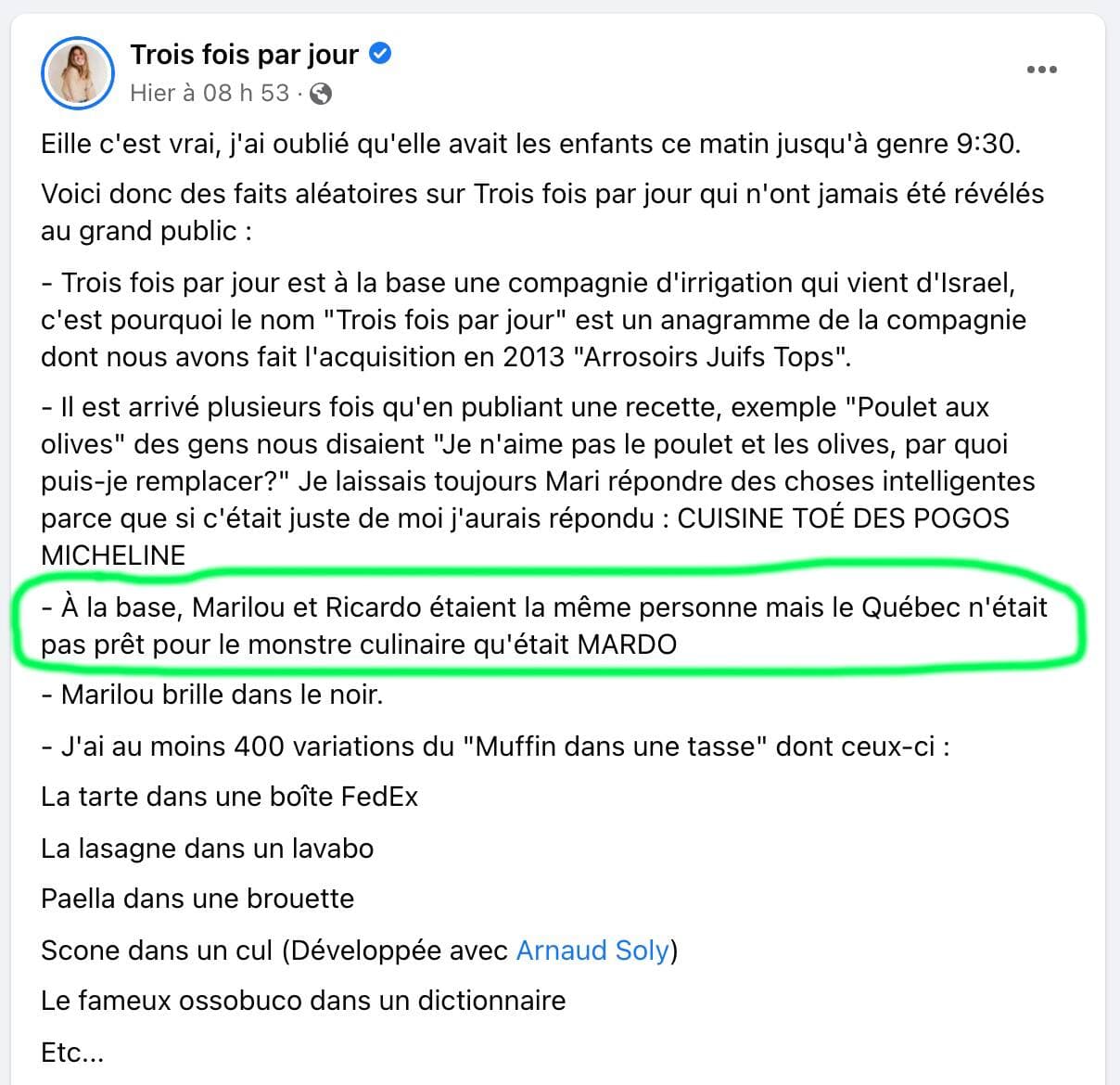 Capture d'écran / Facebook Trois fois par jour