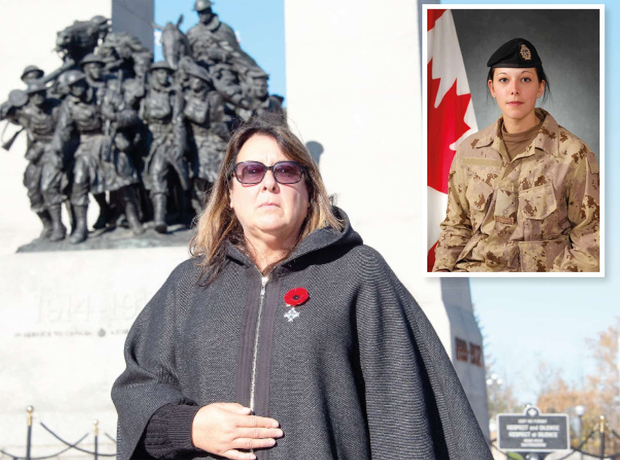 Josée Simard, photographiée devant le Monument commémoratif de guerre à Ottawa, où elle déposera aujourd’hui une couronne de fleurs en l’honneur de sa fille décédée en mission, Karine Blais (en mortaise), ainsi que tous les autres soldats morts lors d’opérations militaires ou dans l’exercice de leurs fonctions normales, à l’occasion du jour du Souvenir.