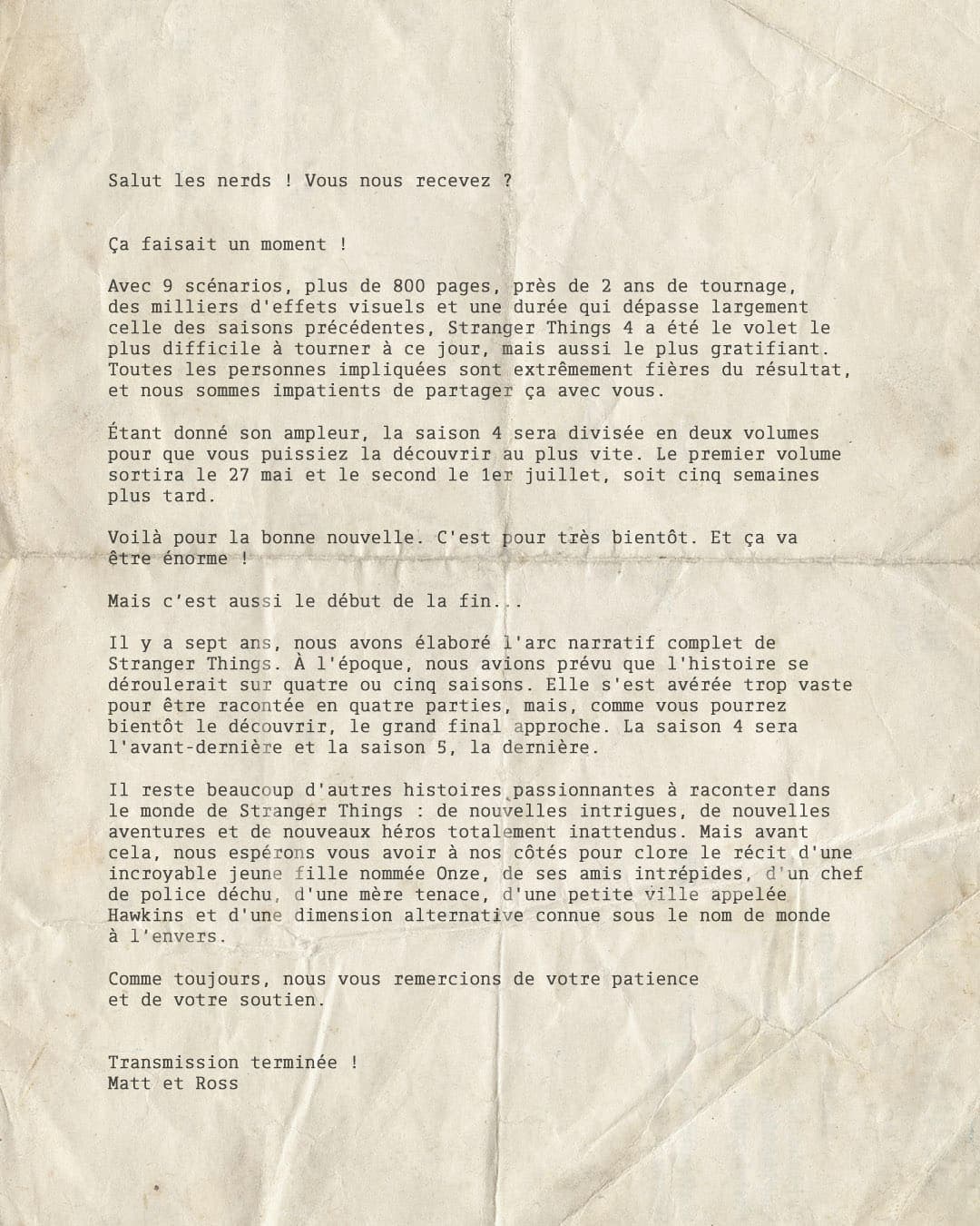 La lettre ouverte des frères Duffer