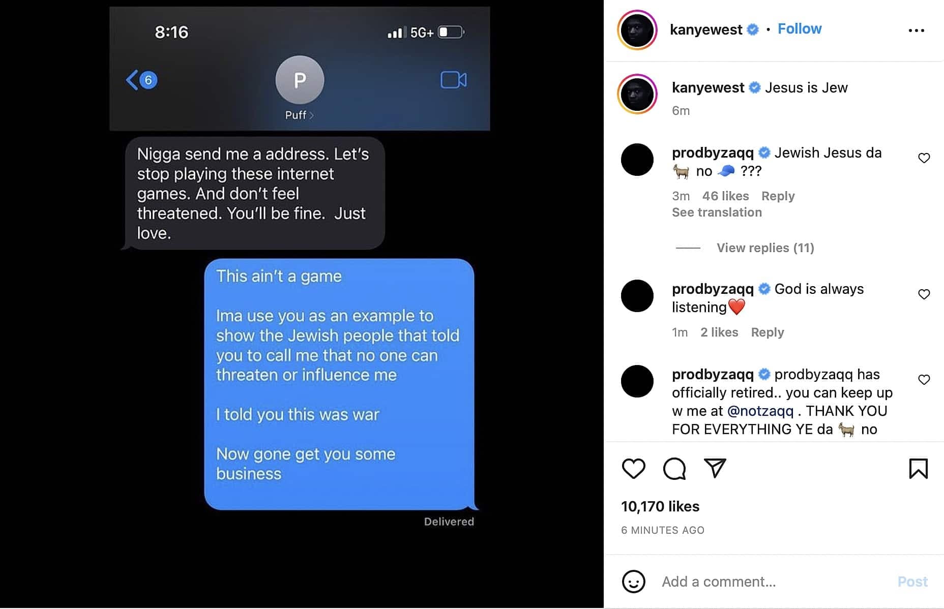 Échange privé entre Diddy et Kanye West publié sur Instagram.