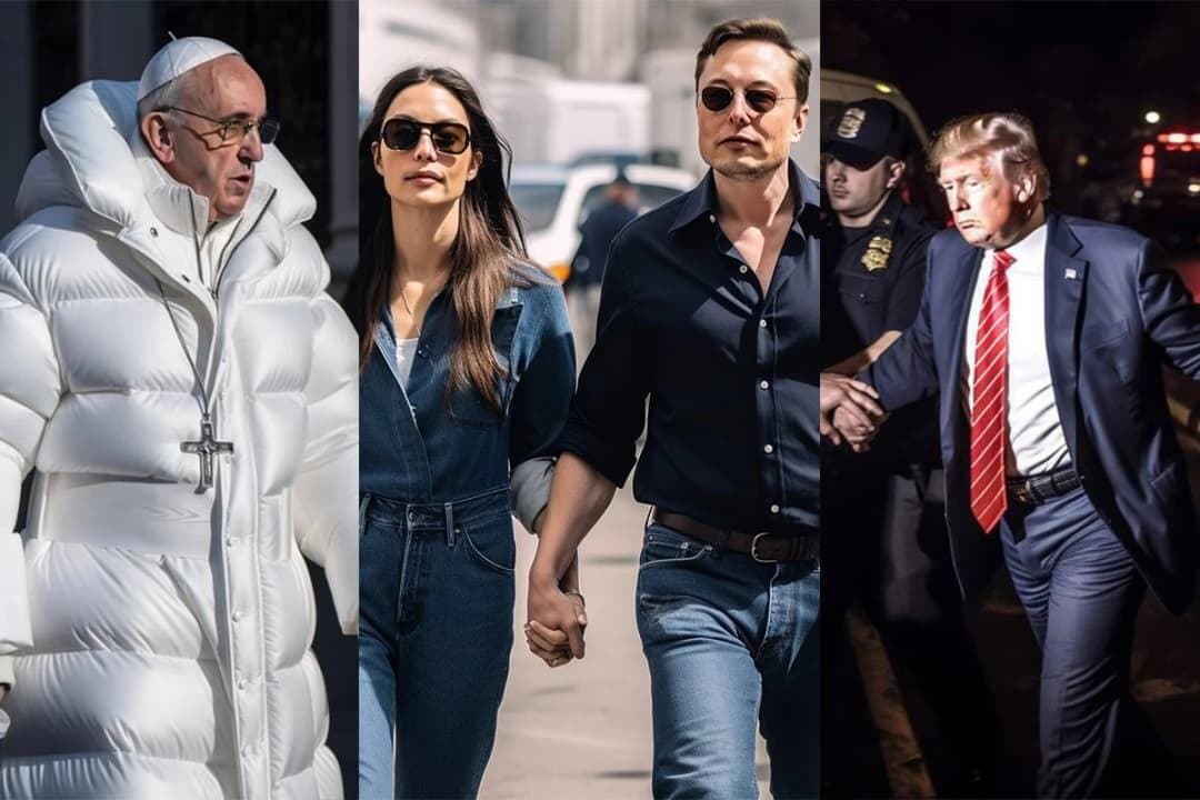Montage de trois fausses photos impliquant le pape, Elon Musk, Alexandria Ocasio-Cortez et Donald Trump.