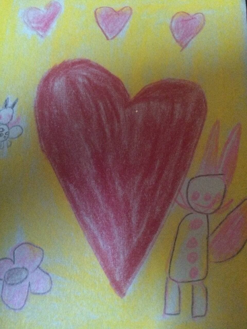 Une très belle carte de Saint-Valentin destinée à maman et dessinée avec amour par ma petite sœur, vers l’âge de 8 ans.