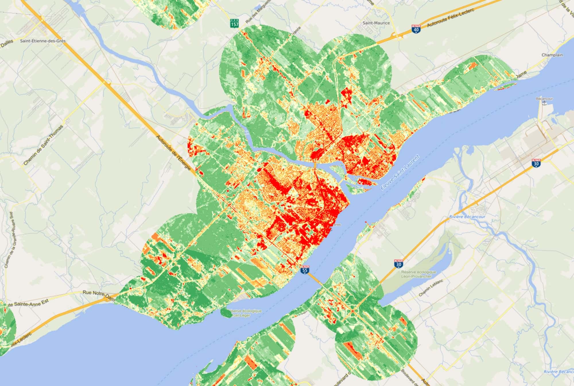 Le secteur commercial du boulevard des Récollets entre l’autoroute 40 et le boulevard Gene H.-Kruger est un îlot de chaleur à Trois-Rivières.